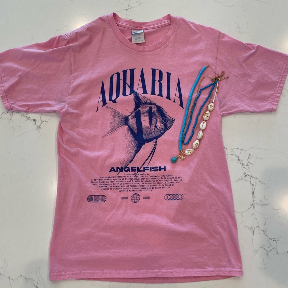 Pink Graphic T-Shirt with Necklace + Blue Necklace Sold together.